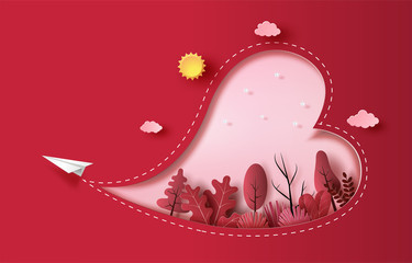 Paper plane flying in the sky with heart shape and plants, paper art style, flat-style vector illustration.