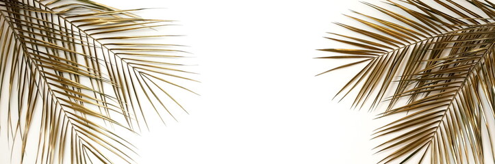Gold palm leaves plant pattern frame isolated banner on a white background. top view. copy space. abstract.