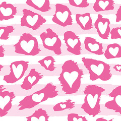 Leopard pattern design with Valentine hearts - funny  drawing seamless pattern with pink and rose colors white hearts. Lettering poster or t-shirt textile graphic design. / wallpaper, wrapping paper.