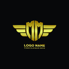 initial letter MM shield logo with wing vector illustration, gold color