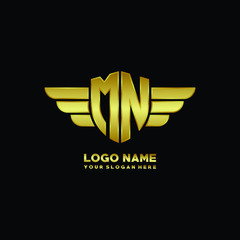 initial letter MN shield logo with wing vector illustration, gold color