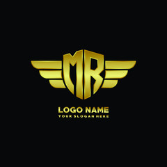initial letter MR shield logo with wing vector illustration, gold color