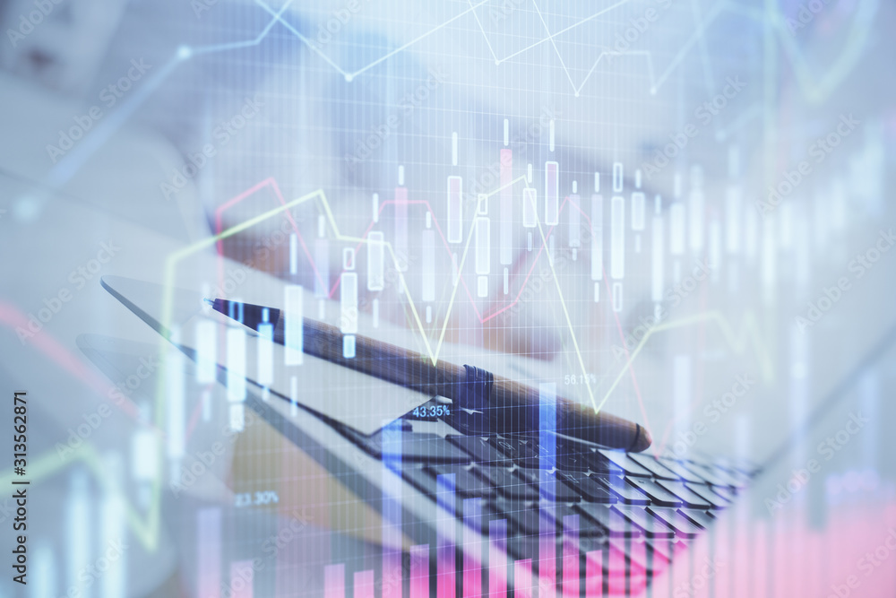 Poster forex graph hologram on table with computer background. multi exposure. concept of financial markets
