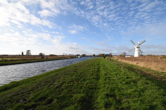 White windmill at Thurne, on the Norfolk Broads, England, UK.