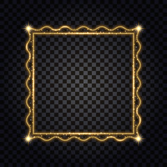 Gold square frame with glowing glitter effect. Isolated design element on transparent background with light shine, golden border for photo or poster. Vector illustration