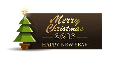 Wooden banner with Christmas tree for New Year 2020. Merry Christmas and Happy New Year. Vector illustration