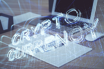 Double exposure of blockchain theme hologram and table with computer background. Concept of bitcoin...