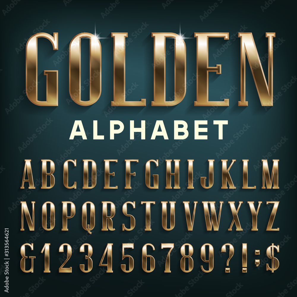 Fototapete golden alphabet font. serif beveled letters with shadow. stock vector typescript for your design.