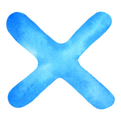 Monogram letter X made of watercolor. Classic blue hand drawn alphabet