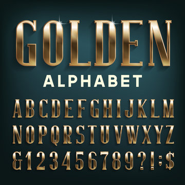 Golden alphabet font. Serif beveled letters with shadow. Stock vector typescript for your design.