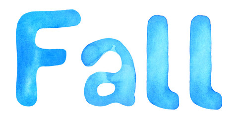 Fall Autumn word in classic blue watercolor calligraphy. Isolated on a white background.