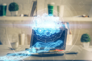 Technology theme drawing and work space with computer. Double exposure. Concept of innovation.