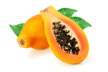 ripe cut papaya with leaf isolated on a white background