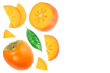 persimmon slice with leaves isolated on white background with copy space for your text. Top view. Flat lay pattern