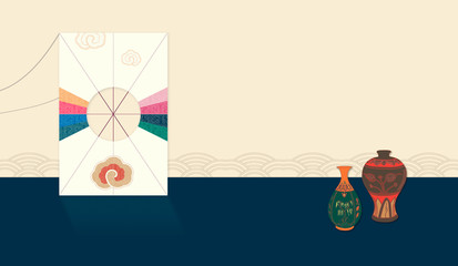 Korean traditional holidy background of kite and ceramic with copy space. Card frame design. 