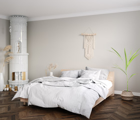 Fototapeta na wymiar Modern white bedroom interior close up with minimal decor, 3d render