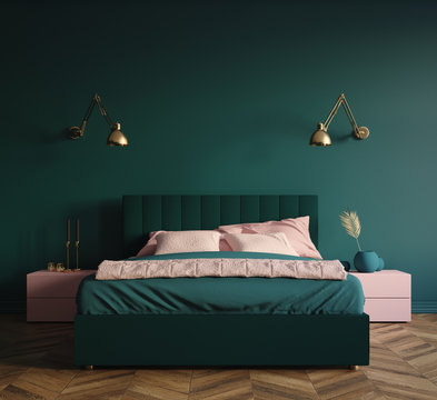Modern dark green bedroom interior,  3d render