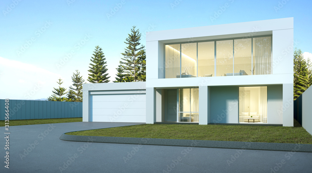 Poster perspective of luxury modern house with lawn grass, garage entrance on pine tree background, idea of