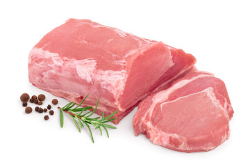 Raw pork meat with rosemary and peppercorn isolated on white background