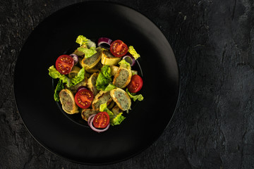 traditional German maultaschen, baked with purple onion, fresh tomatoes and young salad on a dark background