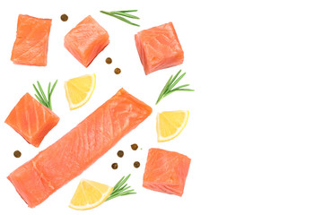 Slice of red fish salmon with lemon, rosemary isolated on white background with copy space for your text. Top view