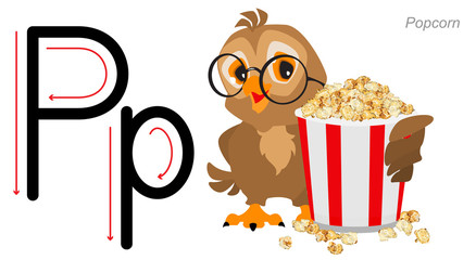 English letter abc alphabet learning. Owl hold popcorn