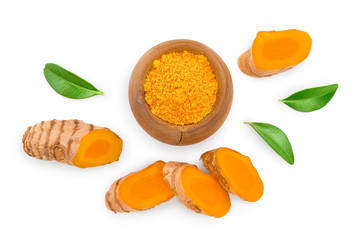 Turmeric powder and turmeric root isolated on white background. Top view. Flat lay