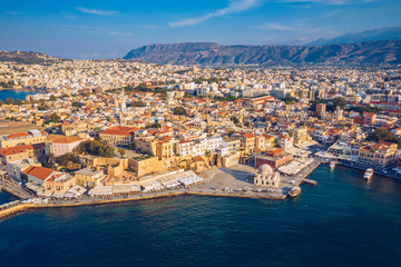 Panoramic aerial view from above of the city of Chania, Crete island, Greece. Landmarks of Greece,...