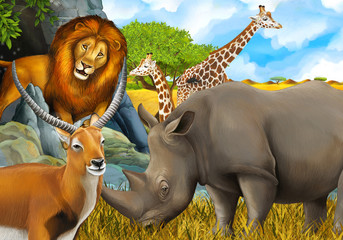 cartoon safari scene with lion rhino and giraffe on the meadow near some mountain illustration for children