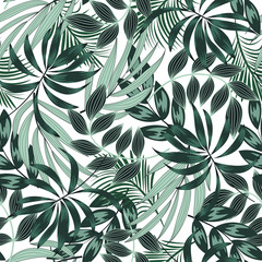Fashionable seamless tropical pattern with bright green plants and leaves on a white background. Beautiful seamless vector floral pattern. Colorful stylish floral.