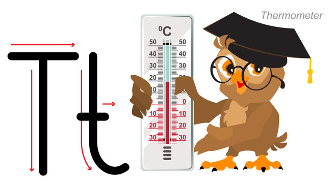 English alphabet abc letter for preschool. Owl teacher shows thermometer