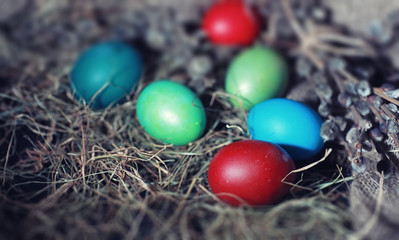 Easter painted eggs on burlap