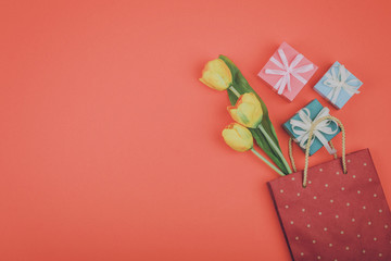 Spring flowers and gift in paper bag on coral pink background. Stylish flat lay. Minimal modern festive concept.