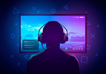 Vector Illustration Young Gamer Sit In Front Of A Screen And Playing Video Game. Wearing Headphone.  - obrazy, fototapety, plakaty