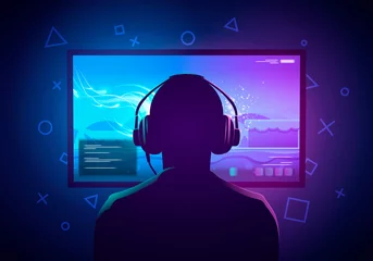 Foto op Plexiglas Vector illustratie Jonge gamer zit voor een scherm en speelt een videogame. Hoofdtelefoon dragen. © Black White Mouse