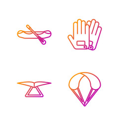 Set line Parachute, Hang glider, Rafting boat and Gloves. Gradient color icons. Vector