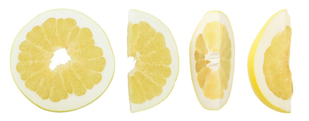 slice of pomelo isolated on white background. Top view. Flat lay.