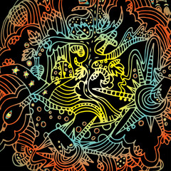 Fairy forest. Amanita mushrooms. Animals and trees. Bright, psychedelic pattern. Hand drawn sketch. Clear outline.