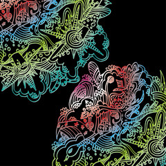 Fairy forest. Amanita mushrooms. Animals and trees. Bright, psychedelic pattern. Hand drawn sketch. Clear outline.