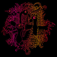 Tropical birds. Tukan, parrot, flamingo, hummingbird, illustration, bright, hand-drawn, psychedelic background. © Korinsky