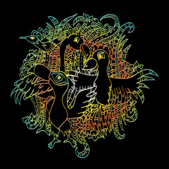 Tropical birds. Tukan, parrot, flamingo, hummingbird, illustration, bright, hand-drawn, psychedelic background. © Korinsky