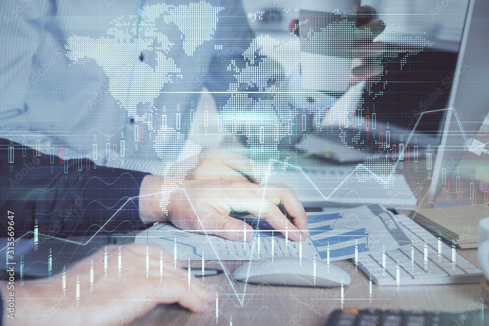 Aufkleber Multi exposure of chart with man typing on computer in office on background. Concept of hard work.