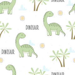 Cute seamless pattern with funny dinosaurs. vector illustration.