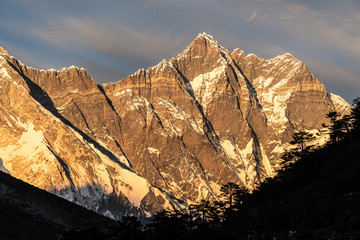 Sunset over the Lhotse peak at 8516m view from Pangboche on the Everest base camp trek in Nepal