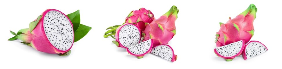 Ripe Dragon fruit, Pitaya or Pitahaya isolated on white background, fruit healthy concept. Set or collection