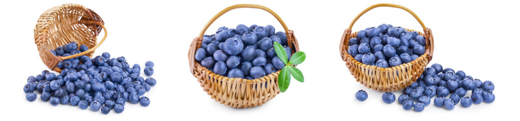fresh blueberry with leaves isolated on white background closeup. Set or collection