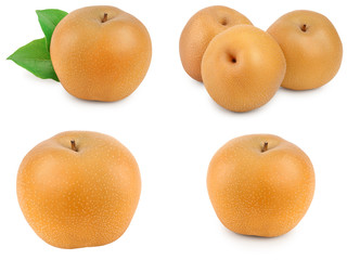 Set or collection fresh asian pear with leaf isolated on white background