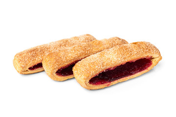 Puff pastry with cherry or raspberry jam isolated on white background.