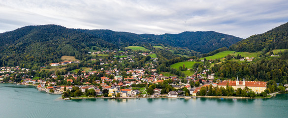 Fototapeta premium Tegernsee, Germany. Lake Tegernsee in Rottach-Egern (Bavaria), Germany near the Austrian border. Aerial view of the lake 