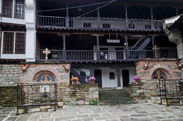 Fragment of the residential and administrative buildings of the Troyan Monastery with the architectural style of the Renaissance schools, Oreshak village, Bulgaria